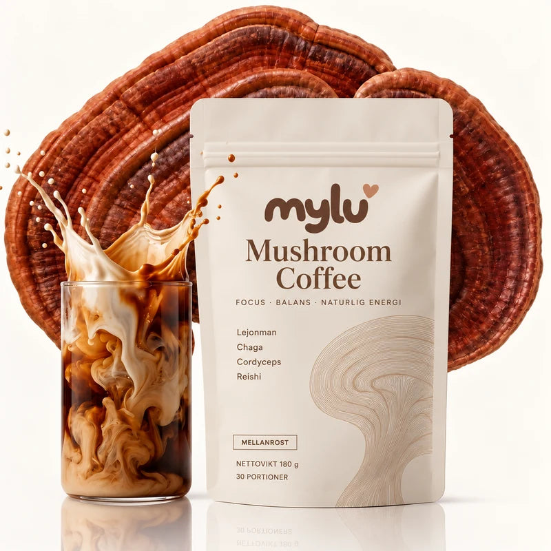 mylu Mushroom Coffee – krämvit påse framför en reishisvamp, bredvid ett glas kaffe med mjölk